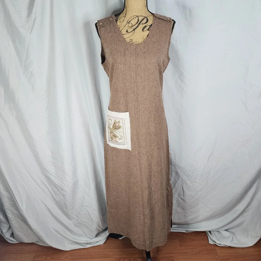 Vintage STUDIO BLUE Size Medium Beaded Embroidered Linen Cotton Sleeveless‎ Maxi